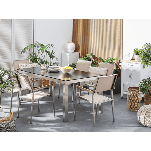 Conjunto de refeições de jardim 6 lugares GROSSETO Granito Polido PretoCreme