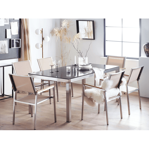 Conjunto de refeições de jardim 6 lugares GROSSETO Granito Polido PretoCreme
