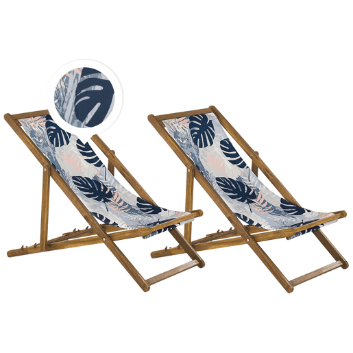Conjunto de 2 cadeiras de praia dobráveis ANZIO com tecidos de substituição Motivo floral Madeira de acácia Castanho claro