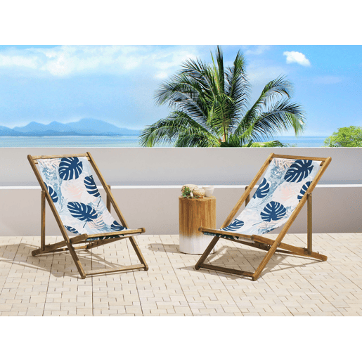 Conjunto de 2 cadeiras de praia dobráveis ANZIO com tecidos de substituição Motivo floral Madeira de acácia Castanho claro