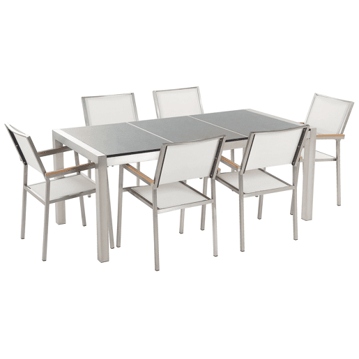 Conjunto de refeições de jardim 6 lugares GROSSETO Placa tripla Granito Polido CinzentoBranco