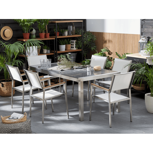 Conjunto de refeições de jardim 6 lugares GROSSETO Placa tripla Granito Polido CinzentoBranco
