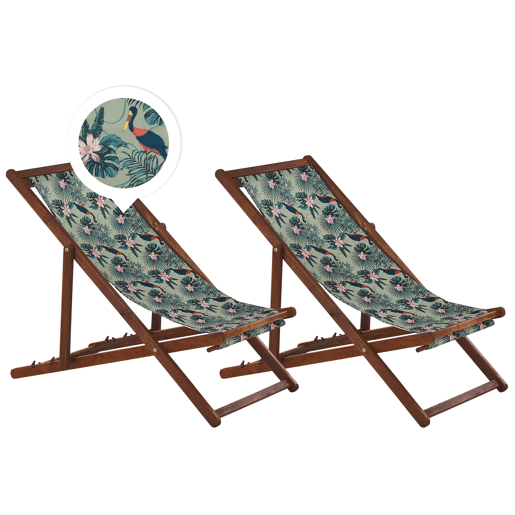 Conjunto de 2 cadeiras de praia dobráveis ANZIO com tecidos de substituição Motivo animal Madeira de acácia Castanho escuro