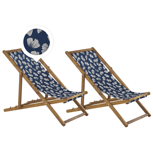 Conjunto de 2 cadeiras de praia dobráveis ANZIO com tecidos de substituição Motivo floral Madeira de acácia Castanho claro