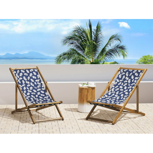 Conjunto de 2 cadeiras de praia dobráveis ANZIO com tecidos de substituição Motivo floral Madeira de acácia Castanho claro