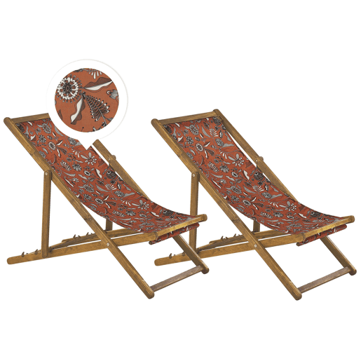 Conjunto de 2 cadeiras de praia dobráveis ANZIO com tecidos de substituição Motivo floral Madeira de acácia Castanho claro