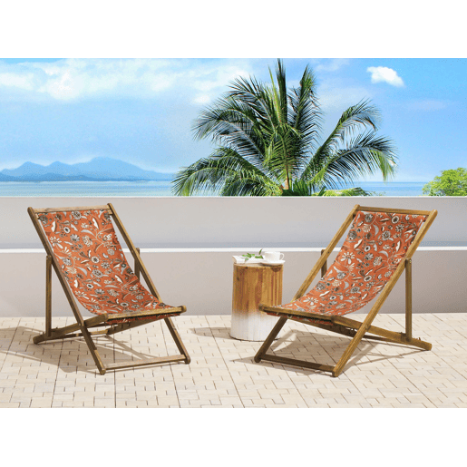 Conjunto de 2 cadeiras de praia dobráveis ANZIO com tecidos de substituição Motivo floral Madeira de acácia Castanho claro
