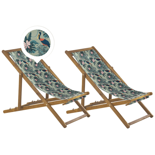 Conjunto de 2 cadeiras de praia dobráveis ANZIO com tecidos de substituição Motivo animal Madeira de acácia Castanho claro