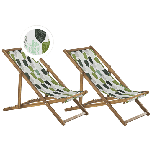 Conjunto de 2 cadeiras de praia dobráveis ANZIO com tecidos de substituição Motivo floral Madeira de acácia Castanho claro