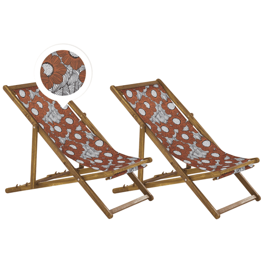 Conjunto de 2 cadeiras de praia dobráveis ANZIO com tecidos de substituição Motivo floral Madeira de acácia Castanho claro