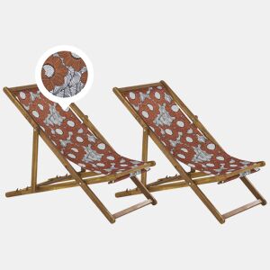 Conjunto de 2 cadeiras de praia dobráveis ANZIO com tecidos de substituição Motivo floral Madeira de acácia Castanho claro
