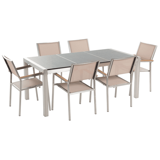 Conjunto de refeições de jardim 6 lugares GROSSETO Placa tripla Granito Polido CinzentoCreme