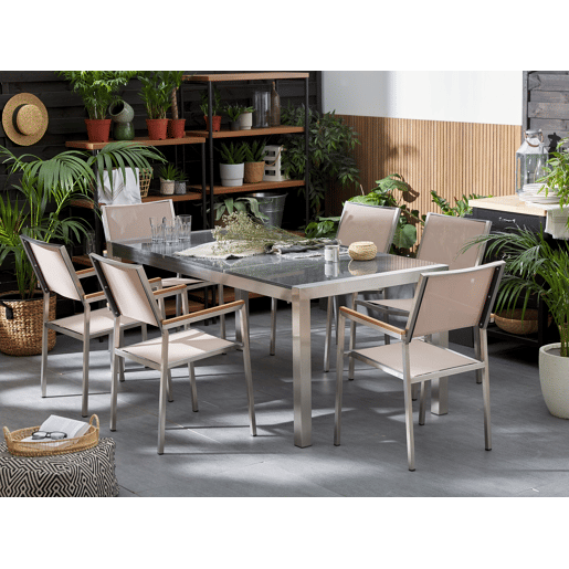 Conjunto de refeições de jardim 6 lugares GROSSETO Placa tripla Granito Polido CinzentoCreme