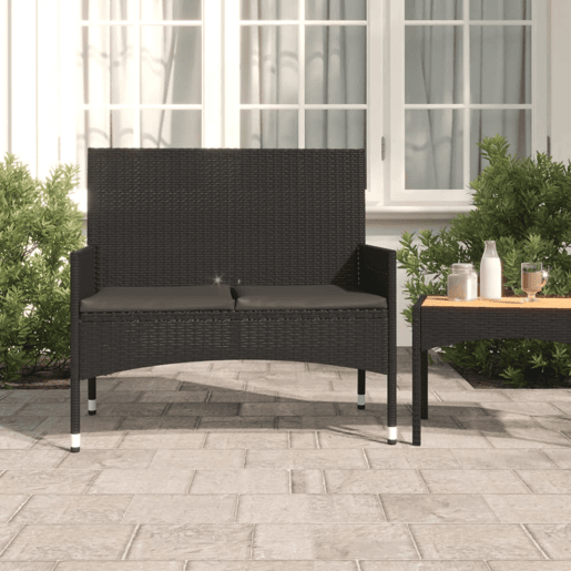 vidaXL Banco de jardim de 2 lugares com almofadões vime PE preto