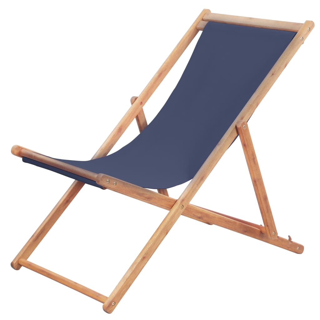 Vidaxl silla de playa plegable de tela y estructura de madera azul