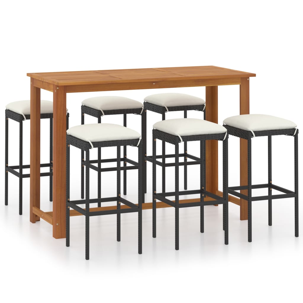 Conjunto de bar para jardín 7 piezas con cojines negro