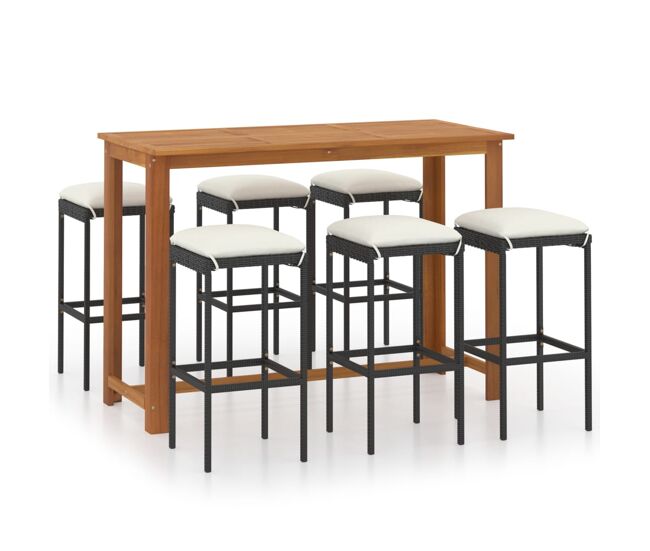 Conjunto de bar para jardín 7 piezas con cojines negro
