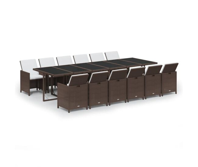 Juego comedor jardín 13 pzas con cojines ratán sintético marrón