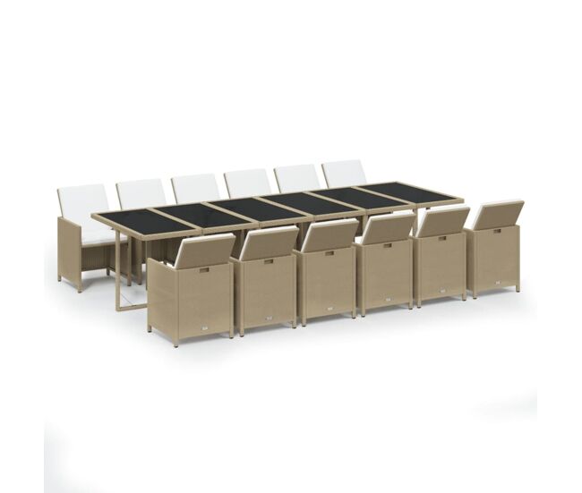 Juego comedor jardín 13 pzas con cojines ratán sintético beige
