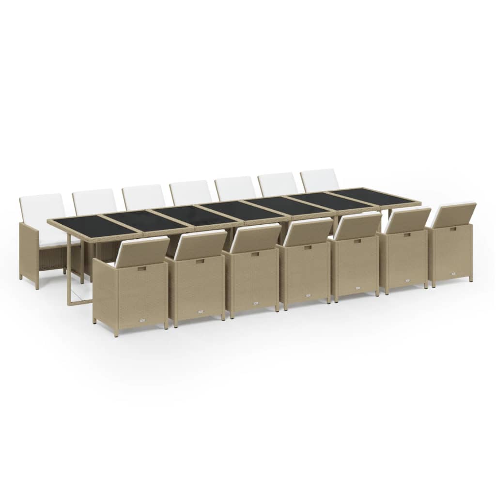 Juego comedor jardín 15 pzas con cojines ratán sintético beige