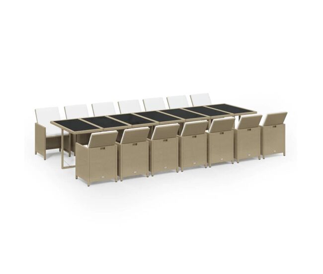 Juego comedor jardín 15 pzas con cojines ratán sintético beige