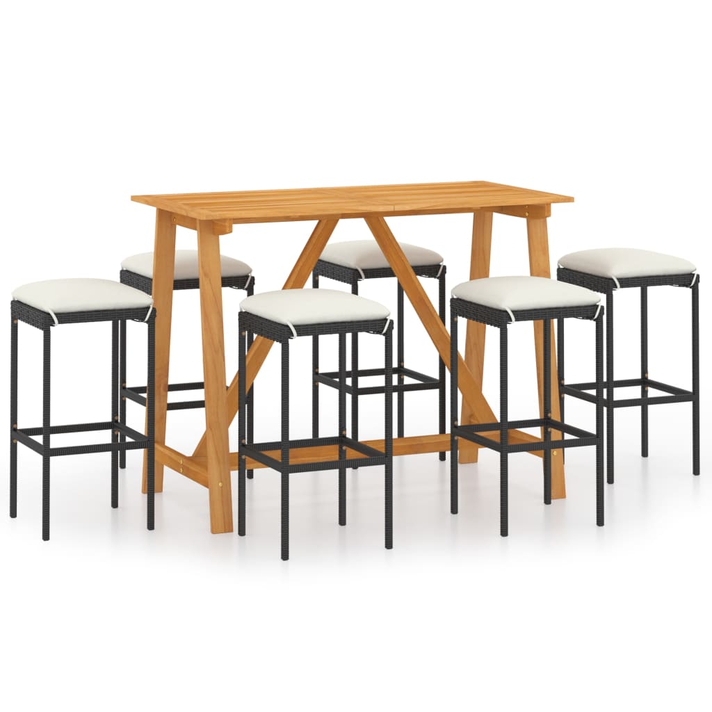 Conjunto de bar para jardín 7 piezas con cojines negro
