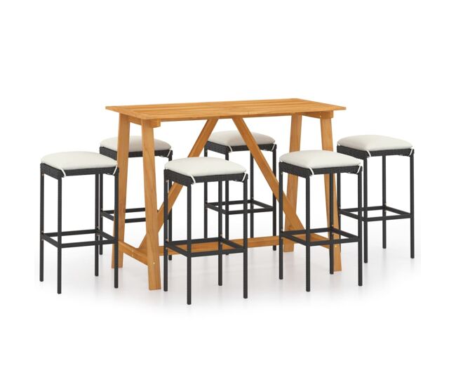 Conjunto de bar para jardín 7 piezas con cojines negro