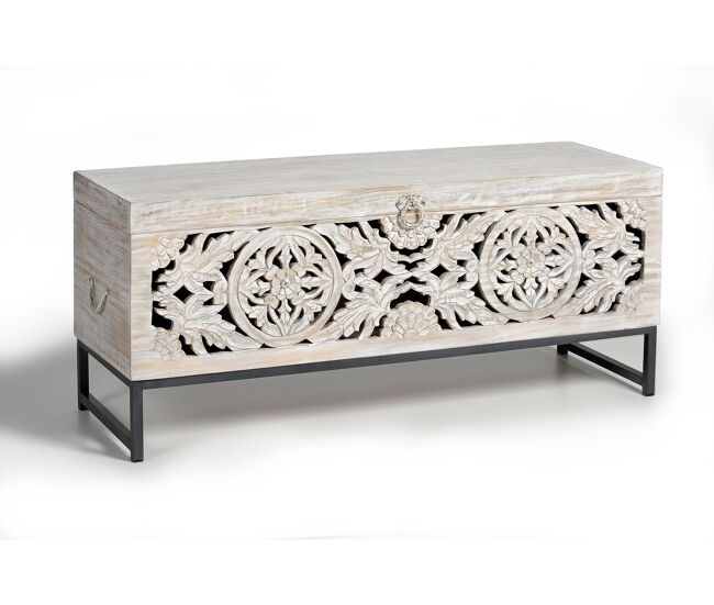 Baúl madera de mango y patas metal en blanco envejecido 50x40x116 cm - giner y colomer