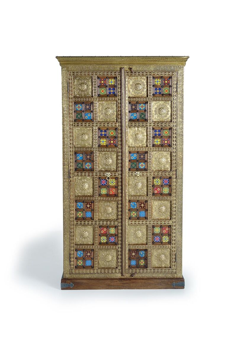 Armario 2 puertas en madera de acacia marrón/dorado de 180x40x100 cm