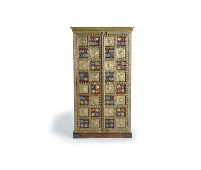 Armario 2 puertas en madera de acacia marrón/dorado de 180x40x100 cm