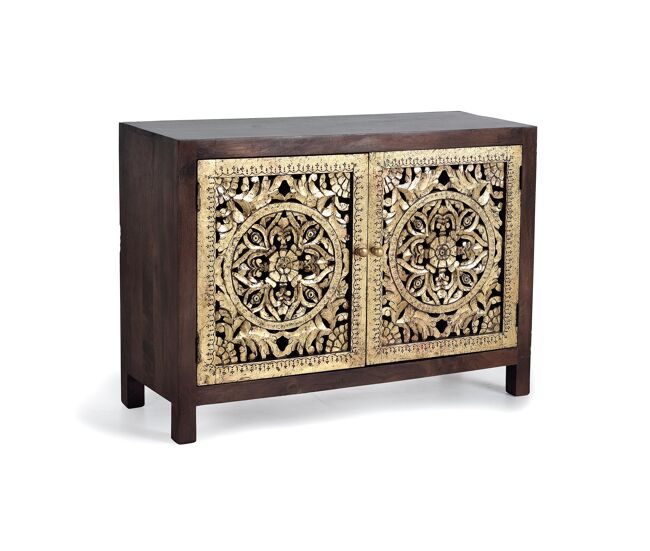 Aparador 2 puertas en madera de mango con detalles a mano en bronce. marrón/dorado 80x40x110 cm - giner y colomer