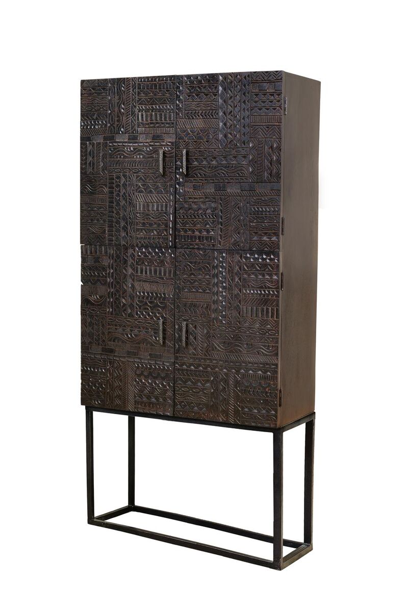 Vitrina de madera maciza de mango con jeroglífico tallado a mano, nogal oscuro 176x40x90 cm