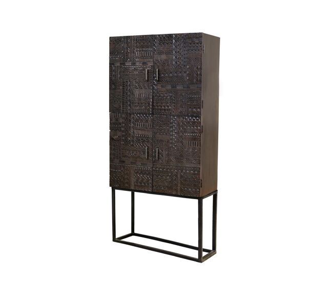 Vitrina de madera maciza de mango con jeroglífico tallado a mano, nogal oscuro 176x40x90 cm