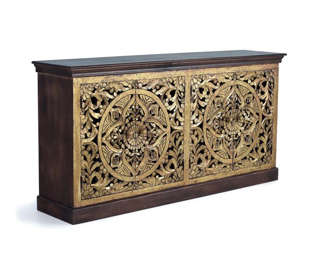 Aparador 4 puertas de madera de mango talladas a mano, marrón/dorado 90x40x180 cm - giner y colomer
