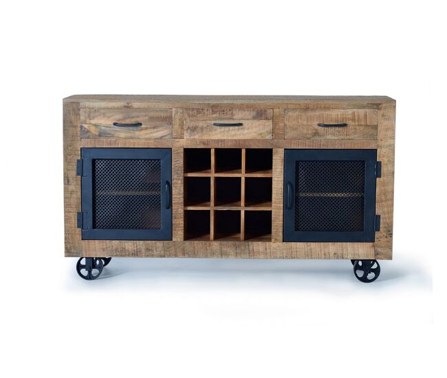 Aparador 3 cajones y 2 puertas de estilo industrial en madera de mango y puertas y ruedas de metal, natural de 85x38x150 cm