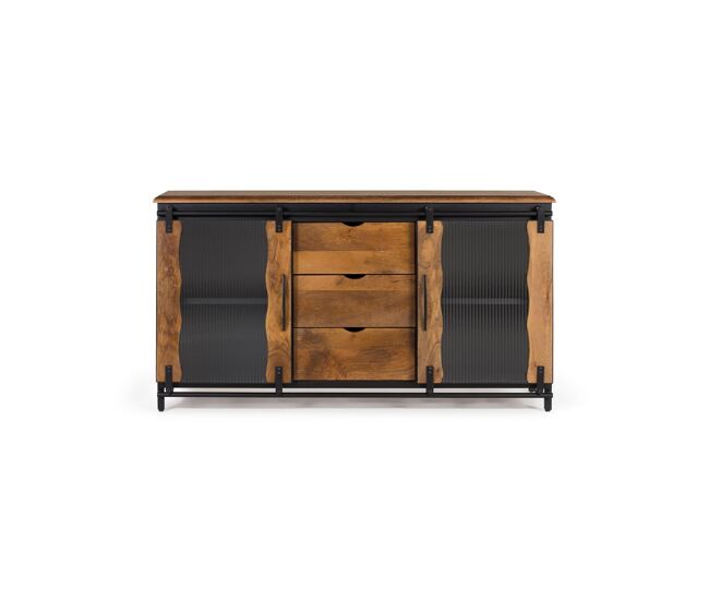 Aparador 2 puertas correderas de estilo industrial fabricado en madera de mango y metal de color natural/negro 80x40x150 cm - giner y colomer