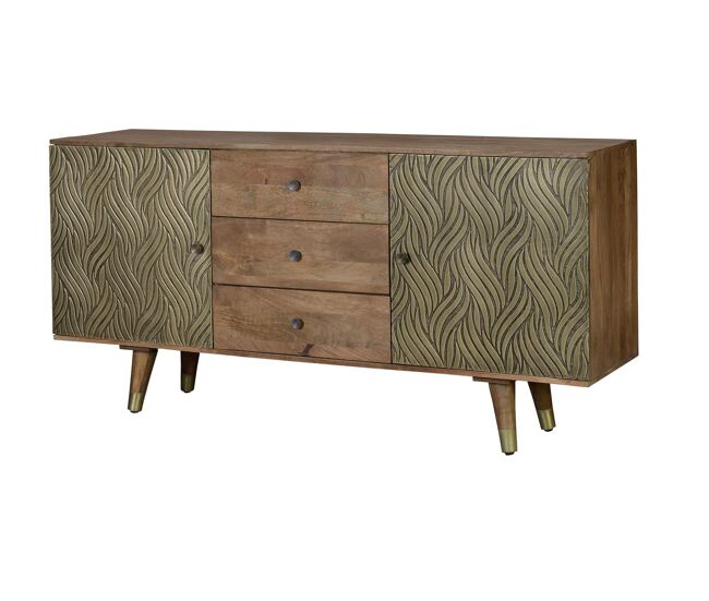 Aparador 3 cajones y 2 puertas fabricado en madera de mango. color marrón/dorado de 78x40x160 cm