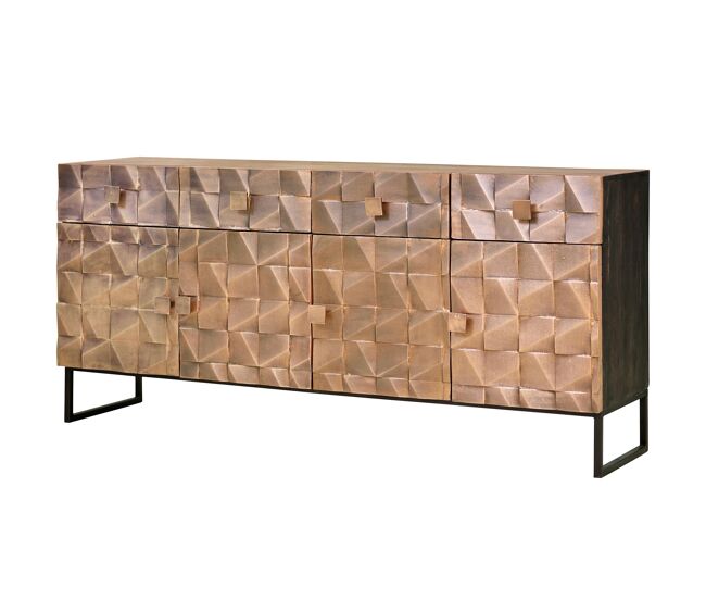 Aparador 4 puertas y 4 cajones en madera de mango macizo recubierto de lámina de cobre repujado y base en hierro. color marrón de 80x42x170 cm