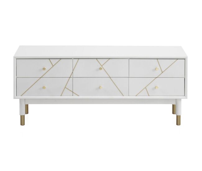 Mueble TV 6 Cajones Lacado Blanco Con Frentes Decorados En Oro
