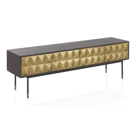 Armário De Tv 4 Portas Metal Ouro Frente Madeira Manga Maciça Com Pernas Metal Preto E Dourado