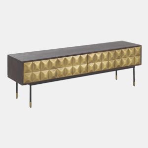 Armário De Tv 4 Portas Metal Ouro Frente Madeira Manga Maciça Com Pernas Metal Preto E Dourado