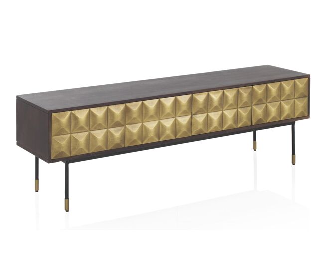 Mueble TV 4 Puertas Frente De Metal Dorado Madera Maciza Con Patas De Metal Negro Y Dorado