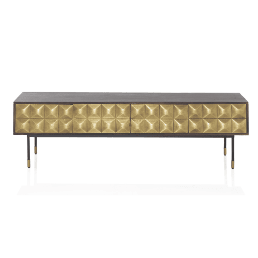 Armário De Tv 4 Portas Metal Ouro Frente Madeira Manga Maciça Com Pernas Metal Preto E Dourado