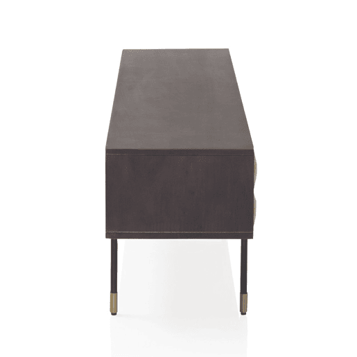 Armário De Tv 4 Portas Metal Ouro Frente Madeira Manga Maciça Com Pernas Metal Preto E Dourado