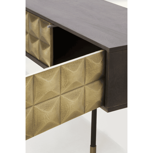 Armário De Tv 4 Portas Metal Ouro Frente Madeira Manga Maciça Com Pernas Metal Preto E Dourado