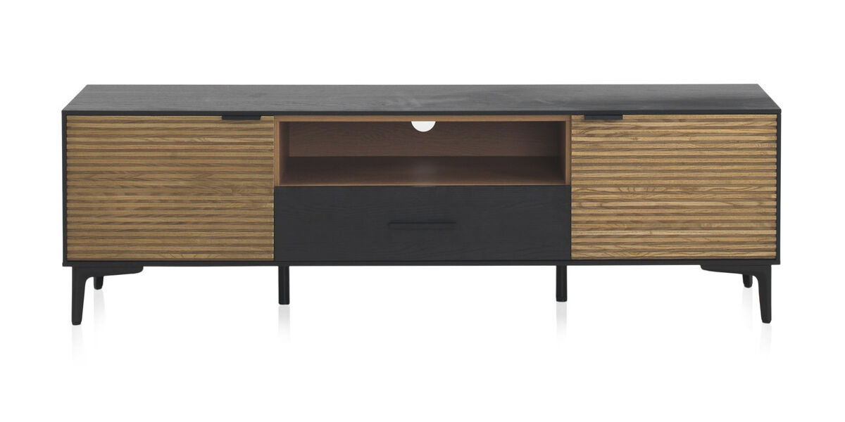 Mueble tv chapado fresno negro con puertas naturales y patas metalicas negras