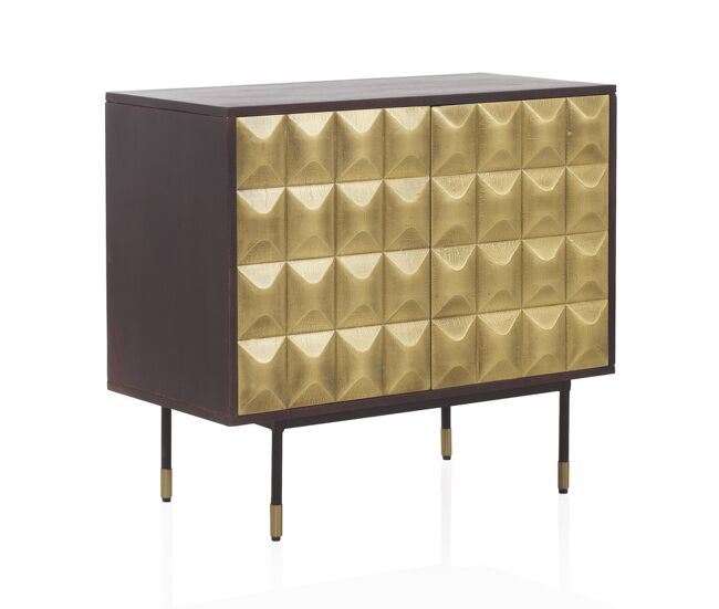 Aparador 2 puertas frente metal dorado madera maciza de mango con patas de metal negro y dorado