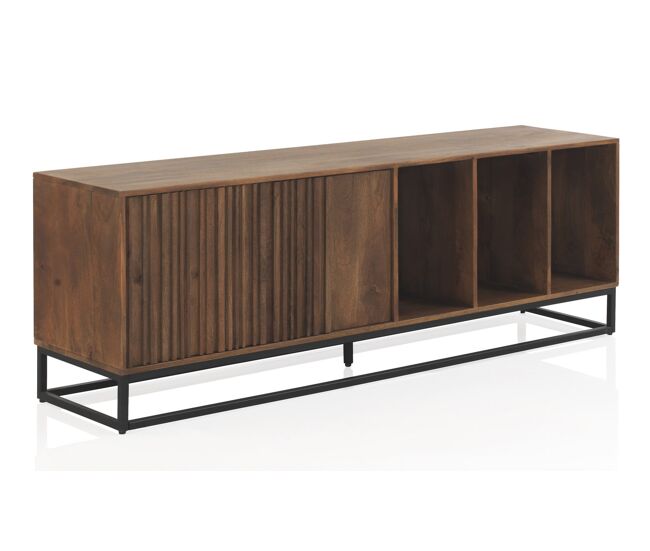 Aparador Bajo 2 Piezas Madera Sólida De Mango Laminada, Base De Metal