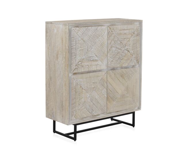 Aparador Alto Con 4 Puertas De Madera De Mango En Color Blanco Patinado, Patas De Metal