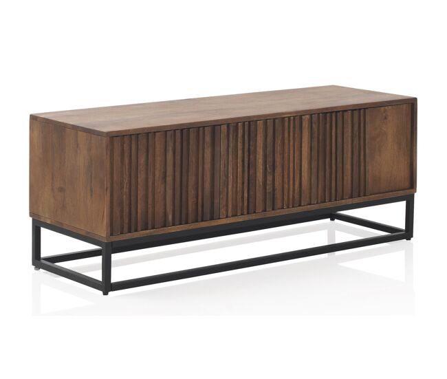 Mueble tv 3 puertas madera sólida de mango laminada, base de metal